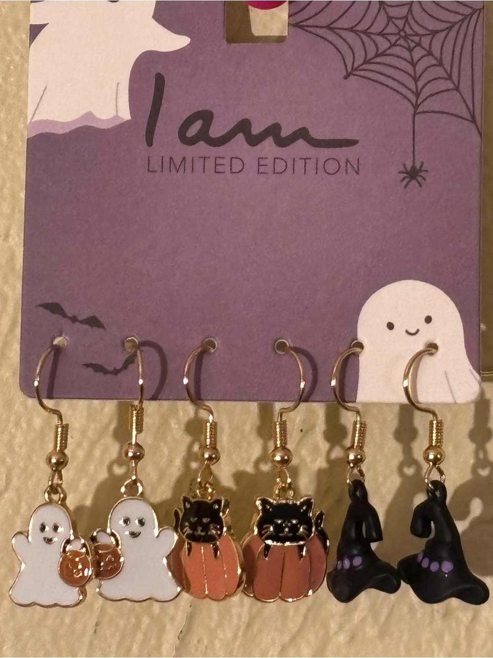 I am Limited Edition Cat Ghost & Witches Hat Dangling 3 Pairs Earrings